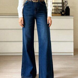 Navy Blue Elegant Women's Stretchy Straight Leg Denim Pants